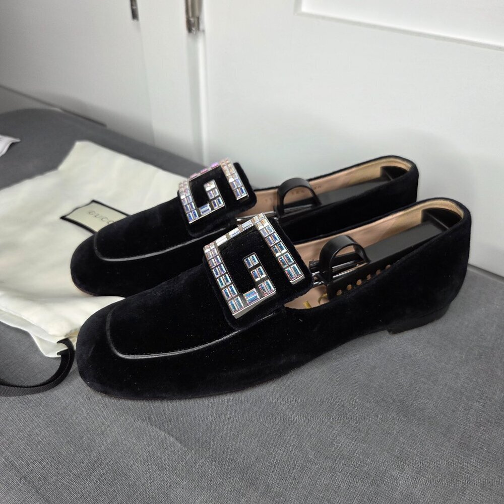 Authenticated Gucci Women's Crystal Black Velvet Slip-On Loafers - Size 38.5 - Picture 9 of 9